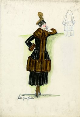 <em>"Tailored suit, Callot Soeurs, Fall 1916. Black ankle length skirt; matching knee length coat, wide dark brown fur trim at hem, down front of coat, collar and cuffs; black brimless hat, brown feather. (Bendel Collection, HB 018-18)"</em>, 1916. Fashion sketch, 12.25 x 8.5 in (31.1 x 21.6 cm). Brooklyn Museum, Fashion sketches. (Photo: Brooklyn Museum, SC01.1_Bendel_Collection_HB_018-18_1916_SL5.jpg