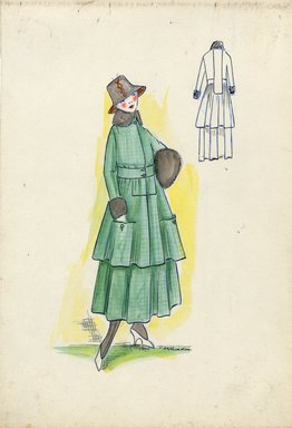 <em>"Tailored suit, Fall 1916. Green ankle length full skirt; knee length matching coat with deep pockets, belt, grey fur collar, cuffs, and muff; grey hat, short brim, red lining. (Bendel Collection, HB 018-19)"</em>, 1916. Fashion sketch, 12.25 x 8.5 in (31.1 x 21.6 cm). Brooklyn Museum, Fashion sketches. (Photo: Brooklyn Museum, SC01.1_Bendel_Collection_HB_018-19_1916_SL5.jpg