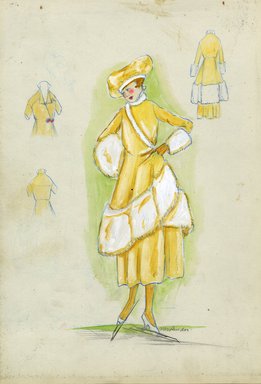 <em>"Tailored suit, Fall 1916. Yellow tea length full skirt; matching coat, fitted waist, side closure, wide white fur hem, cuffs, collar; white fur muff; yellow oversized beret with white fur headband. (Bendel Collection, HB 018-20)"</em>, 1916. Fashion sketch, 12.25 x 8.5 in (31.1 x 21.6 cm). Brooklyn Museum, Fashion sketches. (Photo: Brooklyn Museum, SC01.1_Bendel_Collection_HB_018-20_1916_SL5.jpg