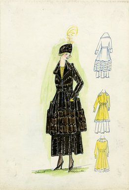 <em>"Tailored suit, Chéruit, Fall 1916. Dark brown ankle length full skirt; knee length coat with full skirt, wide dark brown fur hem; open collar, fur trim; gold blouse; dark brown fur hat. (Bendel Collection, HB 018-21)"</em>, 1916. Fashion sketch, 12.25 x 8.5 in (31.1 x 21.6 cm). Brooklyn Museum, Fashion sketches. (Photo: Brooklyn Museum, SC01.1_Bendel_Collection_HB_018-21_1916_SL5.jpg