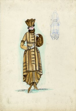 <em>"Tailored suit, Callot Soeurs, Fall 1916. Long brown hobble skirt; matching coat with multiple bands of trim, brown fur collar, fur trim on coat and sleeves; fur muff; crown-shaped brown hat. (Bendel Collection, HB 018-22)"</em>, 1916. Fashion sketch, 12.25 x 8.5 in (31.1 x 21.6 cm). Brooklyn Museum, Fashion sketches. (Photo: Brooklyn Museum, SC01.1_Bendel_Collection_HB_018-22_1916_Callot_SL5.jpg