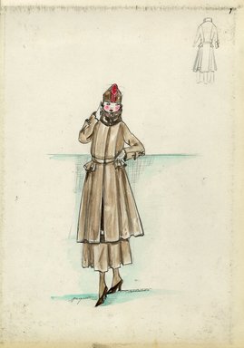 <em>"Tailored suit, Paquin, Fall 1916. Brown ankle length full skirt; matching knee length brown coat with full skirt, small ruffle at each hip, stand up fur collar; small hat, red decoration. (Bendel Collection, HB 018-23)"</em>, 1916. Fashion sketch, 12.25 x 8.5 in (31.1 x 21.6 cm). Brooklyn Museum, Fashion sketches. (Photo: Brooklyn Museum, SC01.1_Bendel_Collection_HB_018-23_1916_Paquin_SL5.jpg