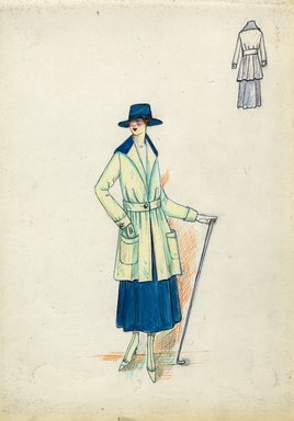 <em>"Tailored suit, Fall 1916. Teal tea length full skirt; long light yellow jacket, full skirt, patch pockets, buttoned cuffs, teal open collar; matching teal hat with wide brim; golf club. (Bendel Collection, HB 018-24)"</em>, 1916. Fashion sketch, 12.25 x 8.5 in (31.1 x 21.6 cm). Brooklyn Museum, Fashion sketches. (Photo: Brooklyn Museum, SC01.1_Bendel_Collection_HB_018-24_1916_SL5.jpg