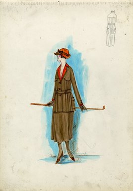 <em>"Tailored suit, Fall 1916. Brown tea length skirt; matching brown Norfolk jacket; orange blouse; orange hat with turned up brim; golf club. (Bendel Collection, HB 018-25)"</em>, 1916. Fashion sketch, 12.25 x 8.5 in (31.1 x 21.6 cm). Brooklyn Museum, Fashion sketches. (Photo: Brooklyn Museum, SC01.1_Bendel_Collection_HB_018-25_1916_SL5.jpg