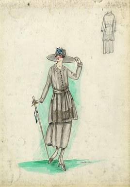 <em>"Tailored suit, Fall 1916. Light grey tea length skirt; mid thigh matching blouse, row of buttons down front, waist sash with fringe; wide brimmed hat; walking stick. (Bendel Collection, HB 018-26)"</em>, 1916. Fashion sketch, 12.25 x 8.5 in (31.1 x 21.6 cm). Brooklyn Museum, Fashion sketches. (Photo: Brooklyn Museum, SC01.1_Bendel_Collection_HB_018-26_1916_SL5.jpg