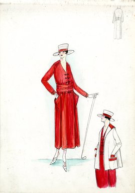 <em>"Tailored suit, Fall 1916. Red dress tea length, wide pockets; long sleeved bodice, buttoned cuffs, v-neck, wide self belt, buttons; short white jacket, pockets, cuffs and collar trimmed in red; white hat with red ribbon on crown; gold club. (Bendel Collection, HB 018-27)"</em>, 1916. Fashion sketch, 12.25 x 8.5 in (31.1 x 21.6 cm). Brooklyn Museum, Fashion sketches. (Photo: Brooklyn Museum, SC01.1_Bendel_Collection_HB_018-27_1916_SL5.jpg