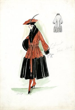 <em>"Coat, Chéruit, Fall 1916. Orange and black fur tea length coat, full skirt; black fur cuffs, shawl collar, and muff; orange hat, black trim. (Bendel Collection, HB 018-28)"</em>, 1916. Fashion sketch, 12.25 x 8.5 in (31.1 x 21.6 cm). Brooklyn Museum, Fashion sketches. (Photo: Brooklyn Museum, SC01.1_Bendel_Collection_HB_018-28_1916_Cheruit_SL5.jpg