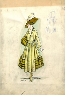 <em>"Afternoon dress, Chéruit, Fall 1916. Yellow-gold ankle length dress, full skirt, four horizontal rows of fur at bottom of dress; bodice with long sleeves, broad flat collar; waist sash; fur muff; wide brimmed brown hat. (Bendel Collection, HB 019-01)"</em>, 1916. Fashion sketch, 12.25 x 8.5 in (31.1 x 21.6 cm). Brooklyn Museum, Fashion sketches. (Photo: Brooklyn Museum, SC01.1_Bendel_Collection_HB_019-01_1916_Cheruit_SL5.jpg