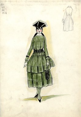 <em>"Afternoon dress, Fall 1916. Green tea length dress, two tiers; bodice with long sleeves, black collar; skirt and bodice decorated with rows of tiny buttons; black belt, black purse; black hat. (Bendel Collection, HB 019-02)"</em>, 1916. Fashion sketch, 12.25 x 8.5 in (31.1 x 21.6 cm). Brooklyn Museum, Fashion sketches. (Photo: Brooklyn Museum, SC01.1_Bendel_Collection_HB_019-02_1916_SL5.jpg