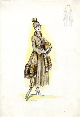 <em>"Afternoon dress, Chéruit, Fall 1916. Brown ankle length dress, full skirt, side panels trimmed in brown fur; fitted bodice, long sleeves, brown fur collar; brown fur muff; small brown top hat with feathers. (Bendel Collection, HB 019-03)"</em>, 1916. Fashion sketch, 12.25 x 8.5 in (31.1 x 21.6 cm). Brooklyn Museum, Fashion sketches. (Photo: Brooklyn Museum, SC01.1_Bendel_Collection_HB_019-03_1916_Cheruit_SL5.jpg