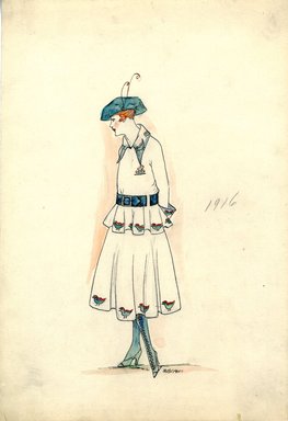 <em>"Afternoon ensemble, Fall 1916. White tea length skirt, full; white blouse, large pointed collar, long sleeves with cuffs; hemline of skirt, blouse, collar and cuffs have design of paired birds in teal and red; wide teal belt; teal beret. (Bendel Collection, HB 019-04)"</em>, 1916. Fashion sketch, 12.25 x 8.5 in (31.1 x 21.6 cm). Brooklyn Museum, Fashion sketches. (Photo: Brooklyn Museum, SC01.1_Bendel_Collection_HB_019-04_1916_SL5.jpg