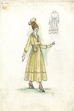 <em>"Afternoon dress, Doucet, 'No 1 dress', Fall 1916. Yellow ankle length dress, full skirt; bodice with long sleeves, design on collar and front of bodice; brown fez-shaped hat with yellow feathers. (Bendel Collection, HB 019-05)"</em>, 1916. Fashion sketch, 12.25 x 8.5 in (31.1 x 21.6 cm). Brooklyn Museum, Fashion sketches. (Photo: Brooklyn Museum, SC01.1_Bendel_Collection_HB_019-05_1916_Doucet_SL5.jpg