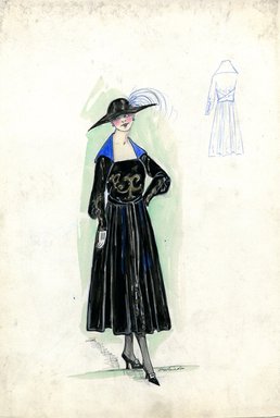 <em>"Afternoon dress, Fall 1916. Black tea length dress, full skirt; bodice with long sleeves, square neckline, Pilgrim style flat blue collar, gold design on front of bodice; narrow black tie belt; wide brimmed black hat. (Bendel Collection, HB 019-06)"</em>, 1916. Fashion sketch, 12.25 x 8.5 in (31.1 x 21.6 cm). Brooklyn Museum, Fashion sketches. (Photo: Brooklyn Museum, SC01.1_Bendel_Collection_HB_019-06_1916_SL5.jpg