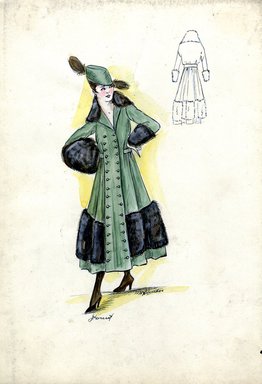 <em>"Afternoon dress, Doucet, Fall 1916. Green tea length dress, full skirt, two rows of buttons down front of dress from bodice to hem; wide panel of dark brown fur at hem , cuffs and collar; military style cap with brown feathers. (Bendel Collection, HB 019-07)"</em>, 1916. Fashion sketch, 12.25 x 8.5 in (31.1 x 21.6 cm). Brooklyn Museum, Fashion sketches. (Photo: Brooklyn Museum, SC01.1_Bendel_Collection_HB_019-07_1916_Doucet_SL5.jpg