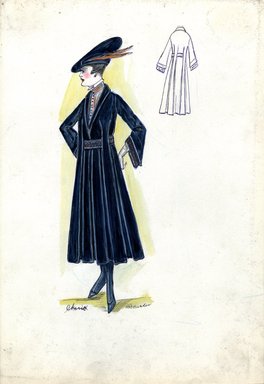 <em>"Afternoon dress, Chéruit, Fall 1916. Midnight blue tea length dress, full skirt; bodice with long bell shaped sleeves, shawl collar; belt and cuffs with design in red, green and white; red, green and white striped blouse with stand up collar; large midnight blue beret with flat crown and red fleathers. (Bendel Collection, HB 019-08)"</em>, 1916. Fashion sketch, 12.25 x 8.5 in (31.1 x 21.6 cm). Brooklyn Museum, Fashion sketches. (Photo: Brooklyn Museum, SC01.1_Bendel_Collection_HB_019-08_1916_Cheruit_SL5.jpg