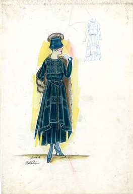 <em>"Afternoon dress, Callot Soeurs, 'Bel Arin', Fall 1916. Dark green ankle length dress, sleeveless tunic with white design, possibly embroidery; brown fur wrap; matching dark green hat with brown fur. (Bendel Collection, HB 019-09)"</em>, 1916. Fashion sketch, 12.25 x 8.5 in (31.1 x 21.6 cm). Brooklyn Museum, Fashion sketches. (Photo: Brooklyn Museum, SC01.1_Bendel_Collection_HB_019-09_1916_Callot_SL5.jpg