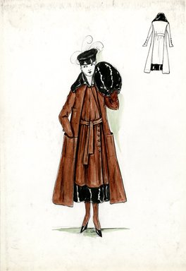 <em>"Afternoon ensemble, Fall 1916. Brown tea length coat, patch pockets, large black fur collar; brown tea length dress, buttons down one side, black fur hem; black fur muff; small black cap. (Bendel Collection, HB 019-10)"</em>, 1916. Fashion sketch, 12.25 x 8.5 in (31.1 x 21.6 cm). Brooklyn Museum, Fashion sketches. (Photo: Brooklyn Museum, SC01.1_Bendel_Collection_HB_019-10_1916_SL5.jpg