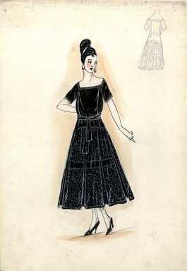 <em>"Afternoon dress, Fall 1916. Black tea length dress, full skirt, design of white paisley motifs on skirt; short sleeved bodice, square neckline; black waist sash. (Bendel Collection, HB 019-11)"</em>, 1916. Fashion sketch, 12.25 x 8.5 in (31.1 x 21.6 cm). Brooklyn Museum, Fashion sketches. (Photo: Brooklyn Museum, SC01.1_Bendel_Collection_HB_019-11_1916_SL5.jpg