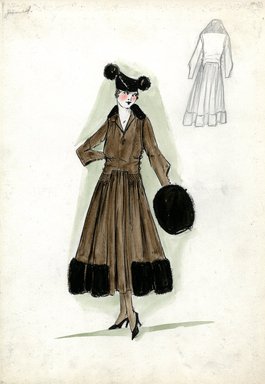 <em>"Afternoon dress, Fall 1916. Brown tea length dress, full skirt, dark brown fur at hem. Long sleeved bodice, open neck, dark brown fur collar; dark brown fur muff; Matador style hat with dark brown fur pom poms. (Bendel Collection, HB 019-12)"</em>, 1916. Fashion sketch, 12.25 x 8.5 in (31.1 x 21.6 cm). Brooklyn Museum, Fashion sketches. (Photo: Brooklyn Museum, SC01.1_Bendel_Collection_HB_019-12_1916_Doucet_SL5.jpg