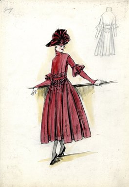 <em>"Afternoon dress, Jenny, Fall 1916. Red tea length dress, full skirt, design of circles at waist; bodice with high neck, long sleeves with deep ruffle on upper arm; red and black hat. (Bendel Collection, HB 019-13)"</em>, 1916. Fashion sketch, 12.25 x 8.5 in (31.1 x 21.6 cm). Brooklyn Museum, Fashion sketches. (Photo: Brooklyn Museum, SC01.1_Bendel_Collection_HB_019-13_1916_Jenny_SL5.jpg