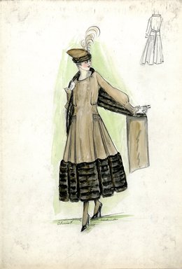 <em>"Afternoon dress, Chéruit, Fall 1916. Tan tea length dress, full skirt, wide dark brown fur hem; bodice with long sleeves; dark brown fur stole; small tan hat, flat crown, feather. (Bendel Collection, HB 019-14)"</em>, 1916. Fashion sketch, 12.25 x 8.5 in (31.1 x 21.6 cm). Brooklyn Museum, Fashion sketches. (Photo: Brooklyn Museum, SC01.1_Bendel_Collection_HB_019-14_1916_Cheruit_SL5.jpg