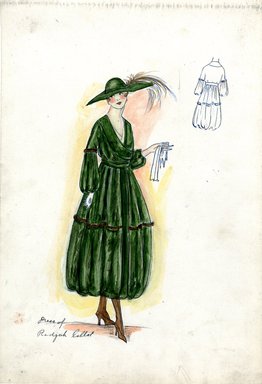 <em>"Afternoon dress, Callot Soeurs, 'Dress of Radjuh', Fall 1916. Dark green tea length dress, balloon shaped skirt; suplice bodice, balloon sleeves; narrow brown fur band at elbow and on skirt; matching dark green hat with wide brim, brown feathers; white gloves. (Bendel Collection, HB 019-15)"</em>, 1916. Fashion sketch, 12.25 x 8.5 in (31.1 x 21.6 cm). Brooklyn Museum, Fashion sketches. (Photo: Brooklyn Museum, SC01.1_Bendel_Collection_HB_019-15_1916_Callot_SL5.jpg