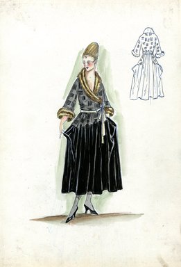 <em>"Afternoon dress, Fall 1916. Black and grey tea length dress, black full skirt, wide deep pockets; grey bodice, wrap front; brown fur shawl collar and cuffs, design of black stripes on bodice and skirt; narrow white belt. (Bendel Collection, HB 019-16)"</em>, 1916. Fashion sketch, 12.25 x 8.5 in (31.1 x 21.6 cm). Brooklyn Museum, Fashion sketches. (Photo: Brooklyn Museum, SC01.1_Bendel_Collection_HB_019-16_1916_SL5.jpg