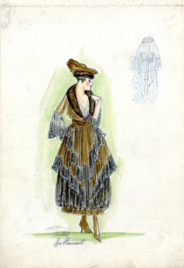 <em>"Afternoon dress, Callot Soeurs, Fall 1916. Brown ankle length dress, brown underskirt, black lace and brown layers, black ruffles; bodice with brown fur shawl collar, 18th century style sleeves with ruffle extending from elbow; brown hat with brown fur. (Bendel Collection, HB 019-17)"</em>, 1916. Fashion sketch, 12.25 x 8.5 in (31.1 x 21.6 cm). Brooklyn Museum, Fashion sketches. (Photo: Brooklyn Museum, SC01.1_Bendel_Collection_HB_019-17_1916_Callot_SL5.jpg