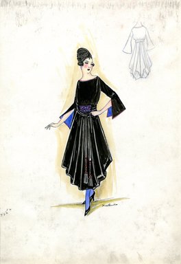 <em>"Afternoon dress, Fall 1916. Black ankle length dress, shorter on the sides; boat neck, slashed long sleeves lined in blue with red edging; belt with blue and red design, long tassels. (Bendel Collection, HB 019-18)"</em>, 1916. Fashion sketch, 12.25 x 8.5 in (31.1 x 21.6 cm). Brooklyn Museum, Fashion sketches. (Photo: Brooklyn Museum, SC01.1_Bendel_Collection_HB_019-18_1916_SL5.jpg