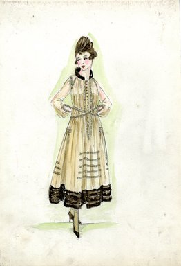 <em>"Afternoon dress, Fall 1916. Beige ankle length dress, brown fur trimmed hem; sheer tan bodice with long full sleeves, stand up collar in brown fur; decorative trim down front of bodice with buttons. (Bendel Collection, HB 019-19)"</em>, 1916. Fashion sketch, 12.25 x 8.5 in (31.1 x 21.6 cm). Brooklyn Museum, Fashion sketches. (Photo: Brooklyn Museum, SC01.1_Bendel_Collection_HB_019-19_1916_SL5.jpg