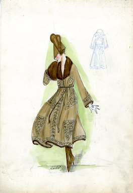 <em>"Afternoon dress, Callot Soeurs, Fall 1916. Brown tea length dress, Russian style, full skirt with abstract leaf designs in triangular panels; continuation of design on bodice and sleeves; brown fur trim at hem, sleeve edge, and collar; brown fur muff; brown hat with feathers. (Bendel Collection, HB 019-20)"</em>, 1916. Fashion sketch, 12.25 x 8.5 in (31.1 x 21.6 cm). Brooklyn Museum, Fashion sketches. (Photo: Brooklyn Museum, SC01.1_Bendel_Collection_HB_019-20_1916_Callot_SL5.jpg