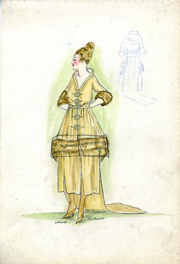 <em>"Afternoon dress, Chéruit, Fall 1916. Yellow-gold tea length dress, full skirt, three horizontal rows of fur at center of skirt, train; frog closures on bodice and skirt; bodice with three-quarter sleeves, brown fur cuffs, portrait collar. (Bendel Collection, HB 019-21)"</em>, 1916. Fashion sketch, 12.25 x 8.5 in (31.1 x 21.6 cm). Brooklyn Museum, Fashion sketches. (Photo: Brooklyn Museum, SC01.1_Bendel_Collection_HB_019-21_1916_Cheruit_SL5.jpg