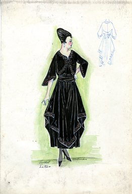 <em>"Afternoon dress, Callot Soeurs, 'Letue', Fall 1916. Black ankle length dress, shaped overskirt; v-neck bodice, bell-shaped sleeves; overskirt, sleeves and bodice with same silver and red abstract design. (Bendel Collection, HB 019-22)"</em>, 1916. Fashion sketch, 12.25 x 8.5 in (31.1 x 21.6 cm). Brooklyn Museum, Fashion sketches. (Photo: Brooklyn Museum, SC01.1_Bendel_Collection_HB_019-22_1916_Callot_SL5.jpg