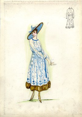 <em>"Afternoon dress, Chéruit, Fall 1916. White and blue ankle length dress in a floral print, brown fur trim at hem; bodice with full sleeves, neckline and sleeve edge trimmed in blue; wide brimmed blue hat with brown fur edge. (Bendel Collection, HB 019-23)"</em>, 1916. Fashion sketch, 12.25 x 8.5 in (31.1 x 21.6 cm). Brooklyn Museum, Fashion sketches. (Photo: Brooklyn Museum, SC01.1_Bendel_Collection_HB_019-23_1916_Cheruit_SL5.jpg