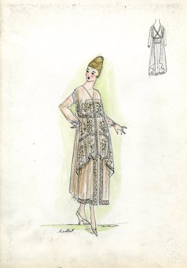 <em>"Afternoon dress, Callot Soeurs, Fall 1916. Tan ankle length dress, Grecian style, full skirt; sleeveless tunic with floral design in black and gold; bodice with sheer long sleeves. (Bendel Collection, HB 019-24)"</em>, 1916. Fashion sketch, 12.25 x 8.5 in (31.1 x 21.6 cm). Brooklyn Museum, Fashion sketches. (Photo: Brooklyn Museum, SC01.1_Bendel_Collection_HB_019-24_1916_Callot_SL5.jpg