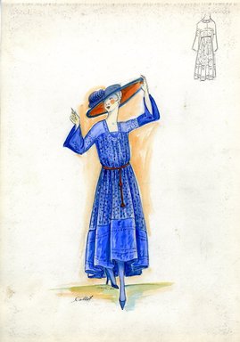 <em>"Afternoon dress, Callot Soeurs, Fall 1916. Blue ankle length dress, peasant style, full skirt; tiny abstract pattern on skirt, bodice and sleeves; bodice with long bell shaped sleeves, scoop neck; narrow orange belt; blue hat with wide brim, lined in orange. (Bendel Collection, HB 019-25)"</em>, 1916. Fashion sketch, 12.25 x 8.5 in (31.1 x 21.6 cm). Brooklyn Museum, Fashion sketches. (Photo: Brooklyn Museum, SC01.1_Bendel_Collection_HB_019-25_1916_Callot_SL5.jpg