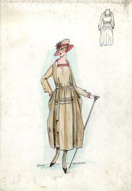 <em>"Afternoon dress, Jenny, Fall 1916. Tan tea length dress, full skirt; bodice with square neck, collar and cuffs trimmed in red; tan fedora, brim lined in red; walking skick. (Bendel Collection, HB 019-26)"</em>, 1916. Fashion sketch, 12.25 x 8.5 in (31.1 x 21.6 cm). Brooklyn Museum, Fashion sketches. (Photo: Brooklyn Museum, SC01.1_Bendel_Collection_HB_019-26_1916_Jenny_SL5.jpg