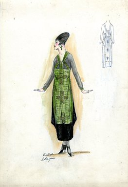 <em>"Afternoon dress, Callot Soeurs, 'Chyrsis', Fall 1916. Black and green ankle length dress, green panel with design of three crosses in gold with black; sheer black bodice and long sleeves, neckline and front straps in green with gold design. (Bendel Collection, HB 019-27)"</em>, 1916. Fashion sketch, 12.25 x 8.5 in (31.1 x 21.6 cm). Brooklyn Museum, Fashion sketches. (Photo: Brooklyn Museum, SC01.1_Bendel_Collection_HB_019-27_1916_Callot_SL5.jpg