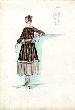 <em>"Afternoon dress, Paquin, Fall 1916. Brown tea length dress, full skirt, light brown bottom half of skirt, white fur trim at knee; long sleeved bodice, light brown cuffs and boat neck; light brown tall hat with red jewel in front. (Bendel Collection, HB 019-28)"</em>, 1916. Fashion sketch, 12.25 x 8.5 in (31.1 x 21.6 cm). Brooklyn Museum, Fashion sketches. (Photo: Brooklyn Museum, SC01.1_Bendel_Collection_HB_019-28_1916_Paquin_SL5.jpg