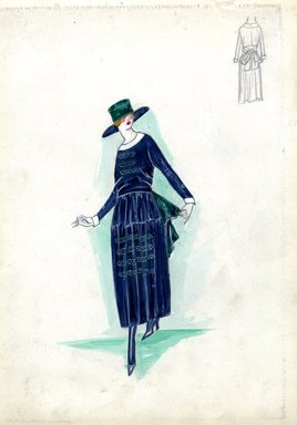 <em>"Afternoon dress, Fall 1916. Dark blue ankle length dress, full skirt, four horizontal green decorative bands on skirt; bodice with long sleeves, white scoop neck and cuffs, three green decorative bands on bodice; green bow in back; blue hat with wide brim and green crown. (Bendel Collection, HB 019-29)"</em>, 1916. Fashion sketch, 12.25 x 8.5 in (31.1 x 21.6 cm). Brooklyn Museum, Fashion sketches. (Photo: Brooklyn Museum, SC01.1_Bendel_Collection_HB_019-29_1916_SL5.jpg