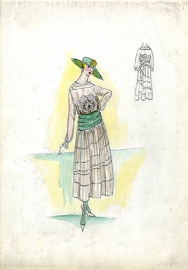 <em>"Afternoon dress, Fall 1916. Tan tea length dress, full skirt; bodice with design on front, long sleeves; wide green sash at waist; green hat with wide brim. (Bendel Collection, HB 019-30)"</em>, 1916. Fashion sketch, 12.25 x 8.5 in (31.1 x 21.6 cm). Brooklyn Museum, Fashion sketches. (Photo: Brooklyn Museum, SC01.1_Bendel_Collection_HB_019-30_1916_SL5.jpg