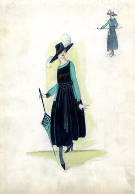 <em>"Afternoon dress, Fall 1916. Midnight blue tea length dress, full skirt; midnight blue bodice with green sleeves and green neckline, bodice with gold design across front; midnight blue hat with wide brim; green parasol. (Bendel Collection, HB 019-31)"</em>, 1916. Fashion sketch, 12.25 x 8.5 in (31.1 x 21.6 cm). Brooklyn Museum, Fashion sketches. (Photo: Brooklyn Museum, SC01.1_Bendel_Collection_HB_019-31_1916_SL5.jpg