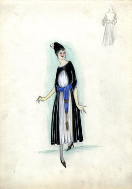 <em>"Afternoon dress, Fall 1916. White tea length dress, full skirt, black short sleeved tunic; blue sash with gold tassel. (Bendel Collection, HB 019-32)"</em>, 1916. Fashion sketch, 12.25 x 8.5 in (31.1 x 21.6 cm). Brooklyn Museum, Fashion sketches. (Photo: Brooklyn Museum, SC01.1_Bendel_Collection_HB_019-32_1916_SL5.jpg