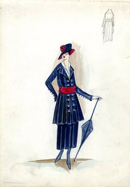 <em>"Afternoon suit, Fall 1916. Blue ankle length skirt; long jacket with full skirt, wide red belt, six pairs of large buttons on front, smaller buttons on sleeves; white blouse; blue parasol; blue hat with small brim, lined in red. (Bendel Collection, HB 019-33)"</em>, 1916. Fashion sketch, 12.25 x 8.5 in (31.1 x 21.6 cm). Brooklyn Museum, Fashion sketches. (Photo: Brooklyn Museum, SC01.1_Bendel_Collection_HB_019-33_1916_SL5.jpg