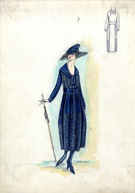 <em>"Afternoon dress, Fall 1916. Dark blue tea length dress, full skirt, gold pattern on skirt and bodice; bodice with long sleeves, tie at neck; dark blue hat with wide brim, angled crown; walking stick. (Bendel Collection, HB 019-34)"</em>, 1916. Fashion sketch, 12.25 x 8.5 in (31.1 x 21.6 cm). Brooklyn Museum, Fashion sketches. (Photo: Brooklyn Museum, SC01.1_Bendel_Collection_HB_019-34_1916_SL5.jpg