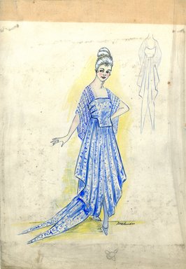 <em>"Evening dress, Fall 1916. Blue and white ankle length dress, fishtail train; bodice with sheer elbow length sleeves. (Bendel Collection, HB 020-01)"</em>, 1916. Fashion sketch, 12.25 x 8.5 in (31.1 x 21.6 cm). Brooklyn Museum, Fashion sketches. (Photo: Brooklyn Museum, SC01.1_Bendel_Collection_HB_020-01_1916_SL5.jpg