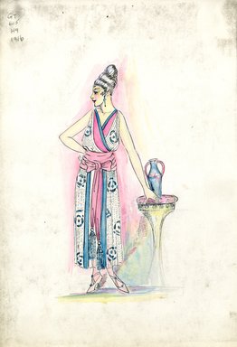 <em>"Evening dress, Fall 1916. White ankle length dress with abstract floral design in teal; sleeveless surplice bodice, pink and teal trim; wide pink wrapped sash at waist with long tassels. (Bendel Collection, HB 020-02)"</em>, 1916. Fashion sketch, 12.25 x 8.5 in (31.1 x 21.6 cm). Brooklyn Museum, Fashion sketches. (Photo: Brooklyn Museum, SC01.1_Bendel_Collection_HB_020-02_1916_SL5.jpg