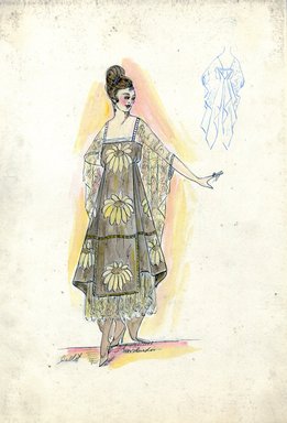 <em>"Evening dress, Callot Soeurs, Fall 1916. Taupe tea length dress with design of large daisies, lace or net underskirt; bodice with thin straps, lace or net elbow length sleeves. (Bendel Collection, HB 020-03)"</em>, 1916. Fashion sketch, 12.25 x 8.5 in (31.1 x 21.6 cm). Brooklyn Museum, Fashion sketches. (Photo: Brooklyn Museum, SC01.1_Bendel_Collection_HB_020-03_1916_Callot_SL5.jpg