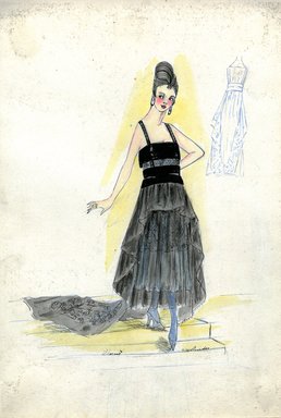 <em>"Evening dress, Chéruit, Fall 1916. Sheer dark grey ankle length dress, full skirt, long train; sleeveless bodice in black with grey, narrow black straps. (Bendel Collection, HB 020-05)"</em>, 1916. Fashion sketch, 12.25 x 8.5 in (31.1 x 21.6 cm). Brooklyn Museum, Fashion sketches. (Photo: Brooklyn Museum, SC01.1_Bendel_Collection_HB_020-05_1916_Cheruit_SL5.jpg