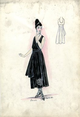 <em>"Evening dress, Lanvin, Fall 1916. Black tea length dress, single large white flower at hem; surplice sleeveless bodice; waist sash, black high heels with crossed straps. (Bendel Collection, HB 020-06)"</em>, 1916. Fashion sketch, 12.25 x 8.5 in (31.1 x 21.6 cm). Brooklyn Museum, Fashion sketches. (Photo: Brooklyn Museum, SC01.1_Bendel_Collection_HB_020-06_1916_Lanvin_SL5.jpg